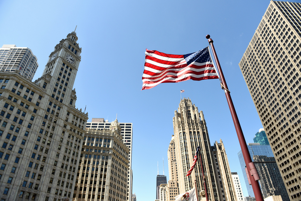 American Flag Waving in Downtown Chicago, USA